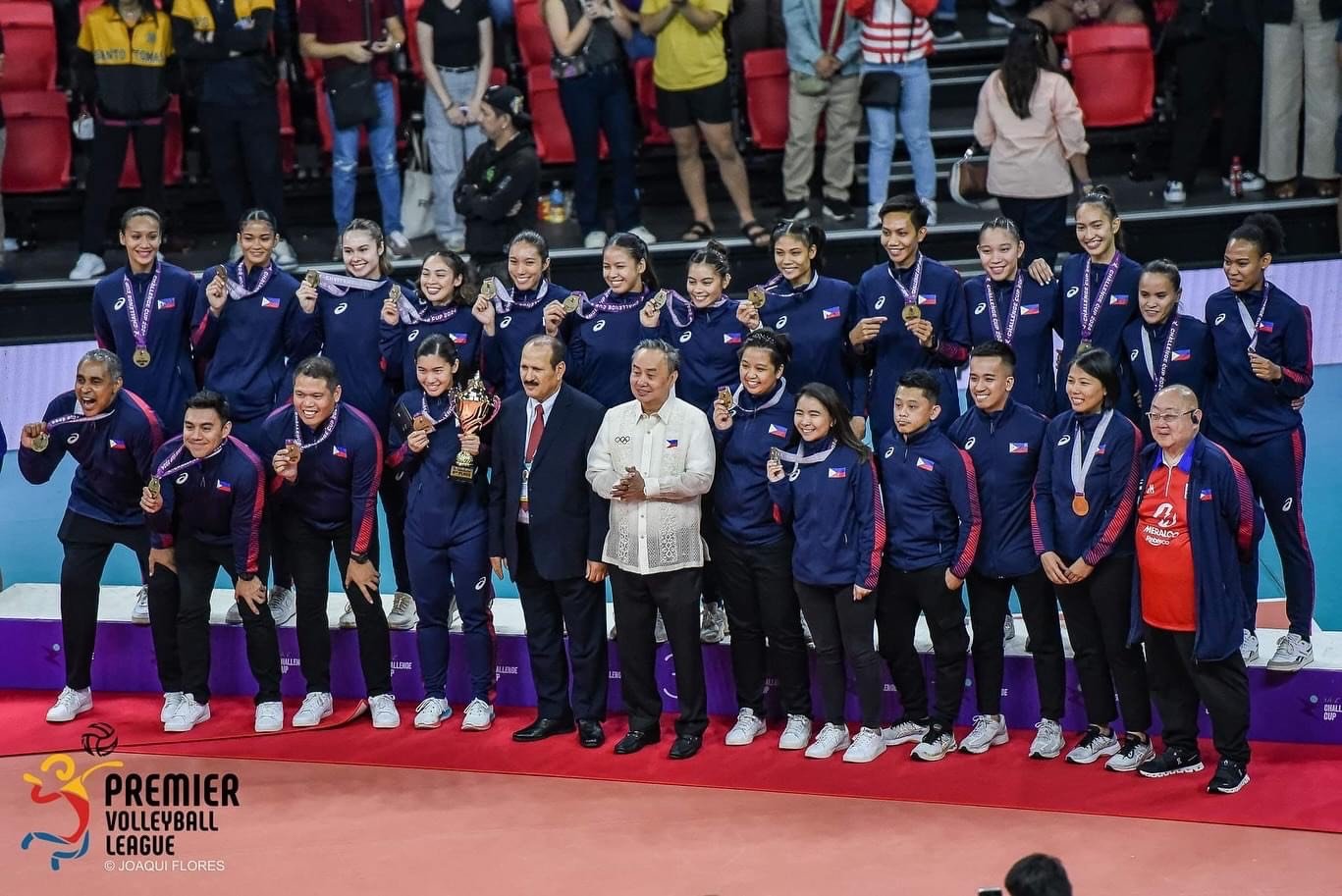 ALAS Pilipinas celebrates after emerging with a historic bronze medal finish in the AVC Challenge Cup late Wednesday at the Rizal Memorial Coliseum.