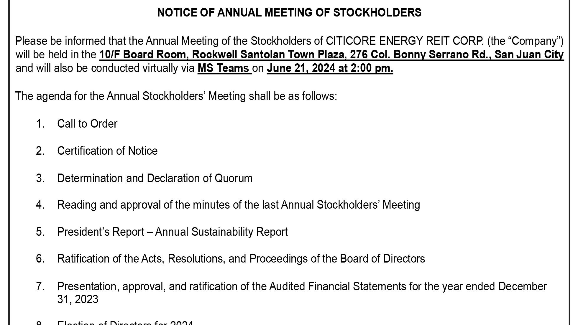 Citicore Energy REIT Corp. - Notice of Annual Meeting of Stockholders