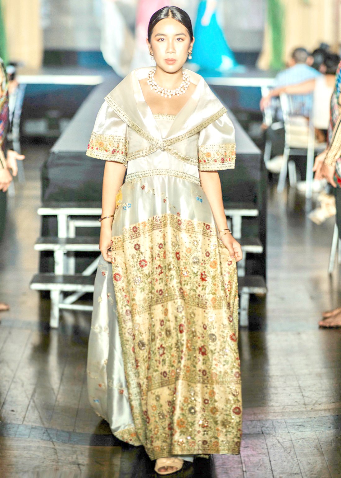 Modern Baro’t Saya in Indian Sari material and brocade, hand embroidered and beaded with garden designs.