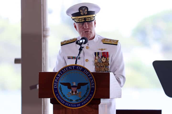 Incoming US Indo-Pacific Commander Admiral Samuel Paparo speaks during the US Indo-Pacific Command (INDOPACOM) change of command ceremony at Joint Base Pearl Harbor-Hickam in Honolulu, Hawaii on 3 May 2024. Incoming commander Admiral Samuel Paparo is replacing outgoing commander Admiral John Aquilino.