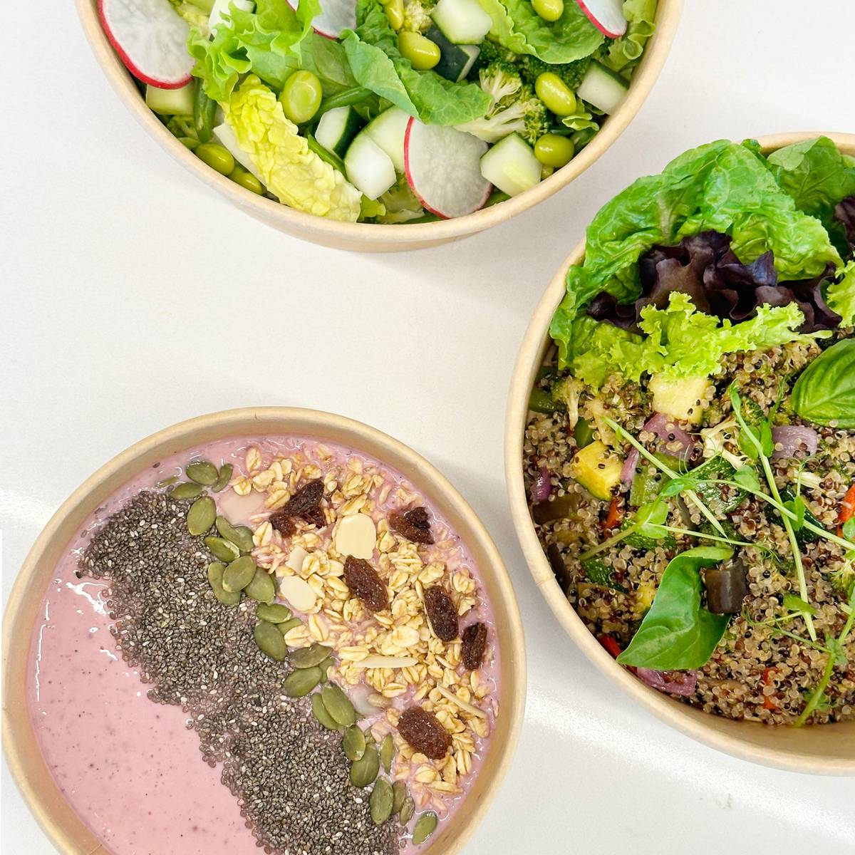 GREEN salad, QUINOA rice and GRANOLA bowl
