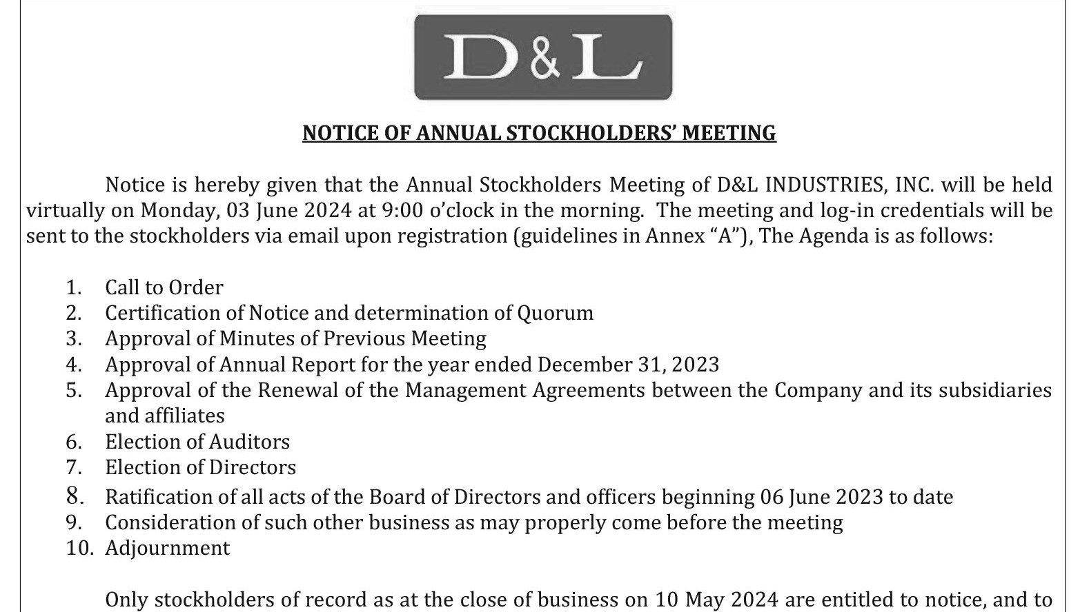 D&L - Notice of Annual Stockholder's Meeting