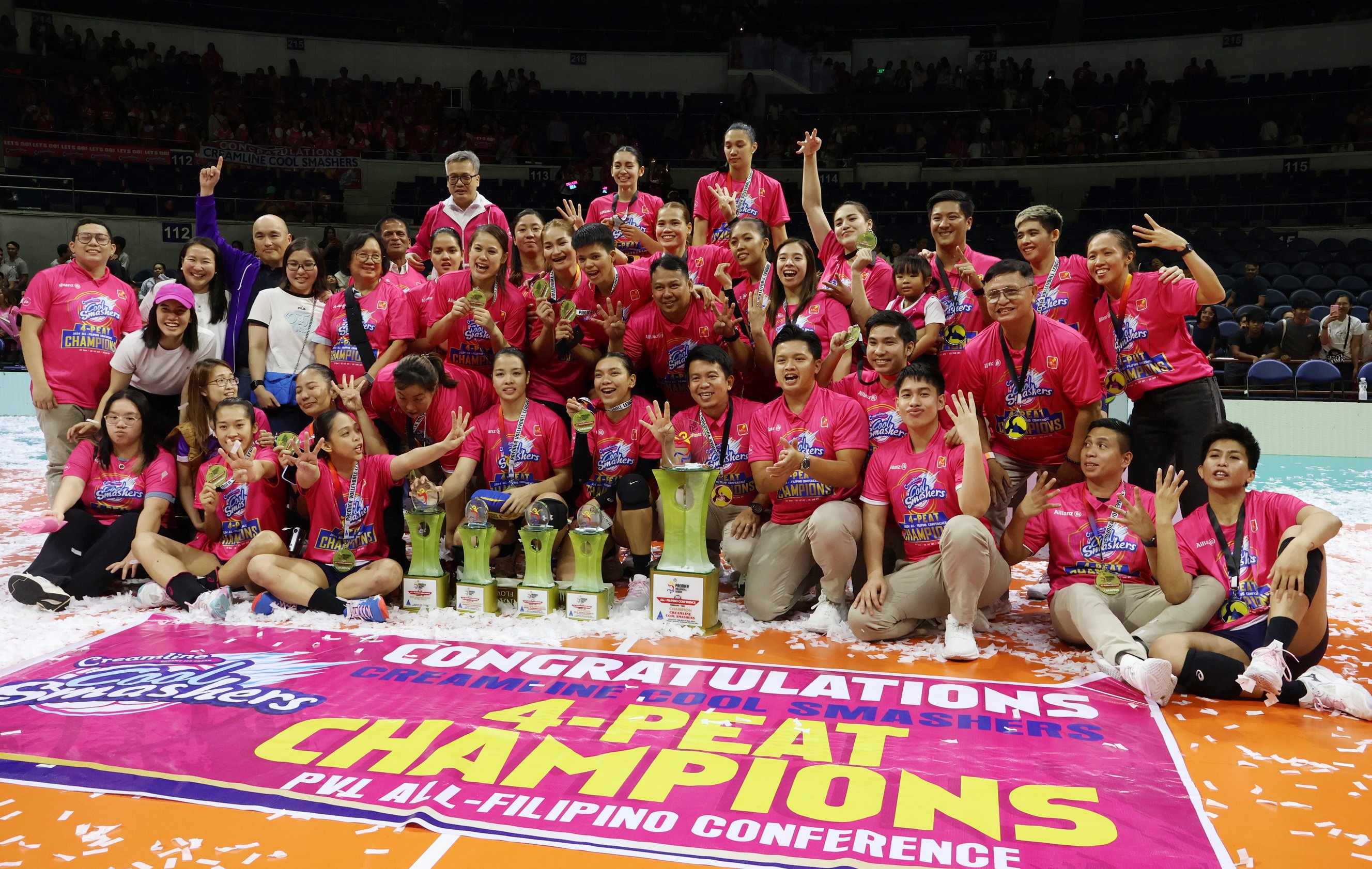THE Creamline Cool Smashers celebrate after beating the Choco Mucho Flying Titans to reign supreme in the PVL All-Filipino Conference.