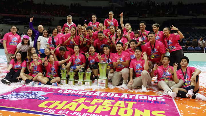 THE Creamline Cool Smashers celebrate after beating the Choco Mucho Flying Titans to reign supreme in the PVL All-Filipino Conference.