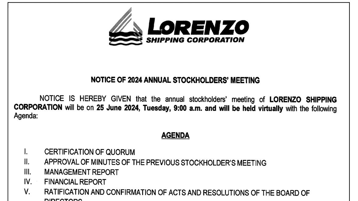 Lorenzo Shipping Corporation - Notice of 2024 Annual Stockholders Meeting