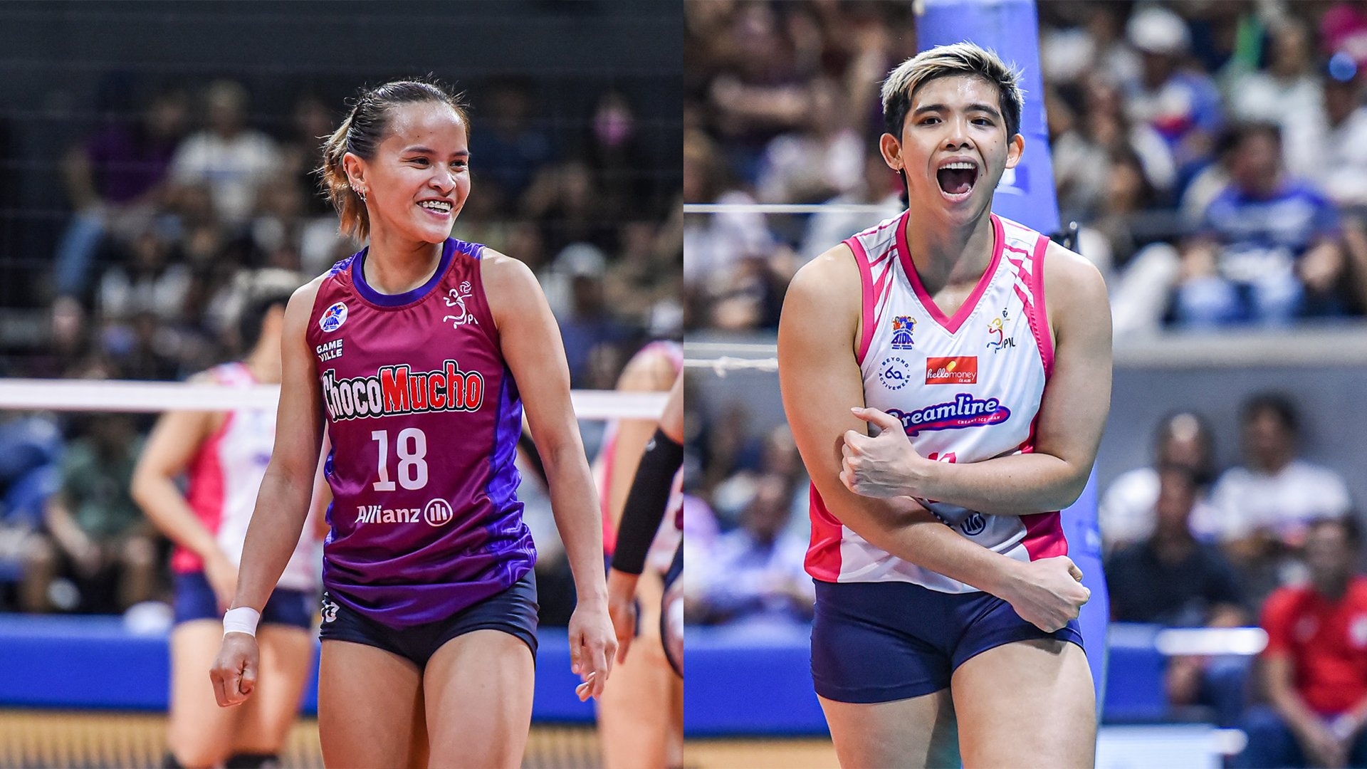 SISI Rondina (Left) aims to help Choco Mucho win its first title in the PVL and TOTS Carlos (Right) is expected to carry the load when Creamline battles Choco Mucho in the finals of the PVL All-Filipino Conference.