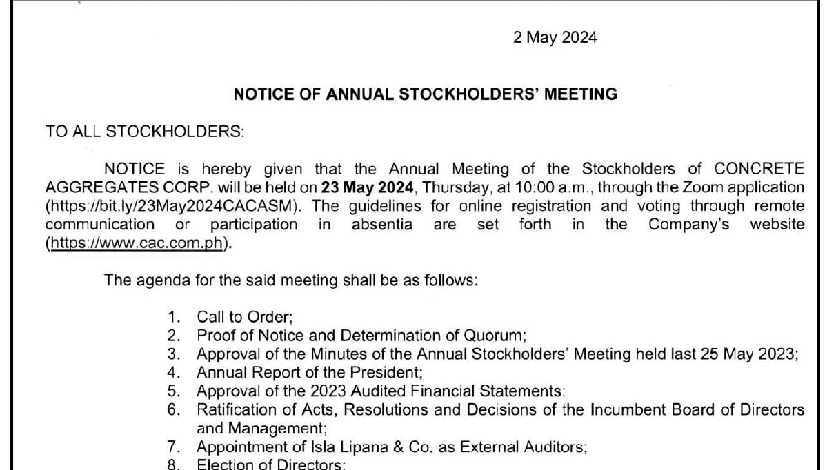 Notice of Annual Stockholders' Meeting - Concrete Aggregates Corp
