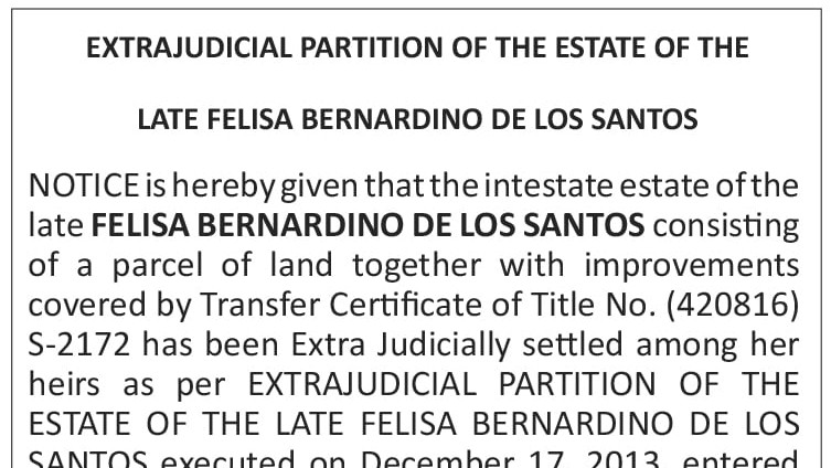 Extrajudicial Partition of the Estate of the Late Felisa Bernardino De Los Santos