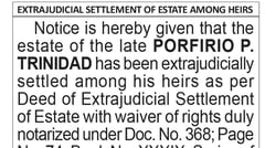 Extrajudicial Settlement of Estate among Heirs - Porfirio P. Trinidad