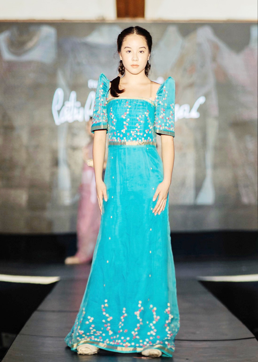 Terno in Indian Sari material with handpainted flowers.