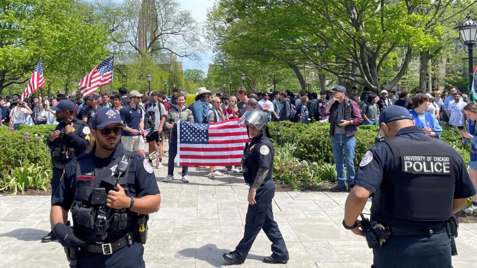 University of Chicago Police separate a group of counterprotesters from a pro-Palestinian encampment