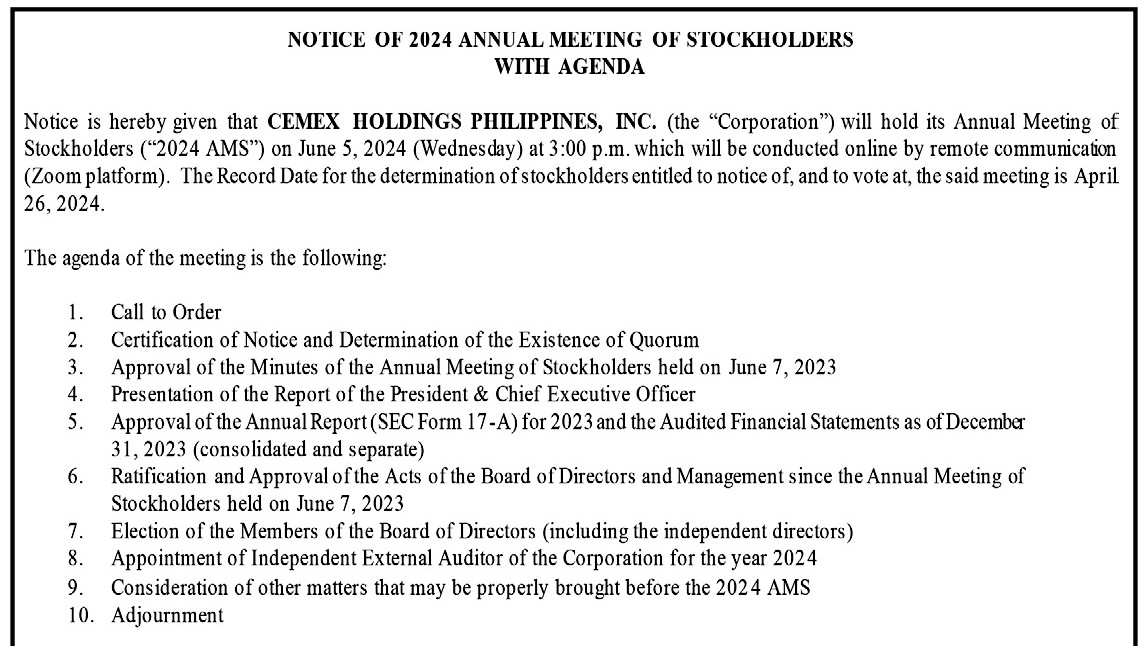 Cemex Holdings Philippines, Inc. - Notice of 2024 Annual Meeting of Stockholders with Agenda
