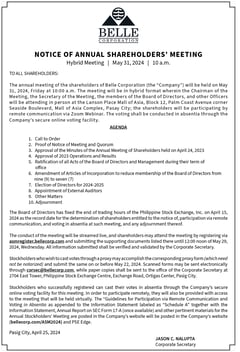 Belle Corporation - Notice of Annual Shareholders' Meeting