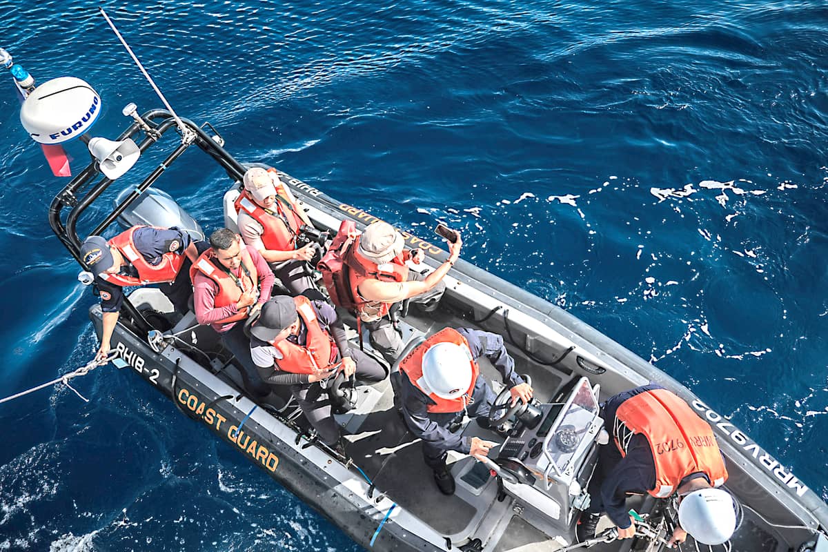 A group of local TV journalists rode a rigid-hulled inflatable boat to BRP Sierra Madre in Ayungin Shoal during the RORE mission in November 2023.