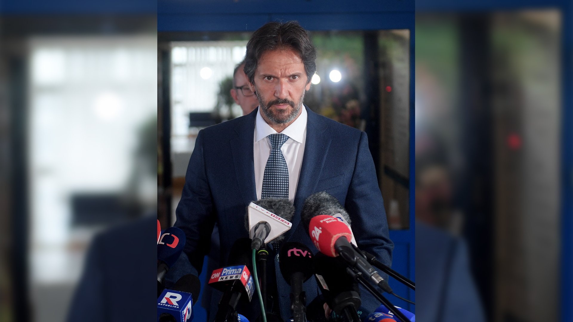 Shot Slovak PM speaking but serious 
