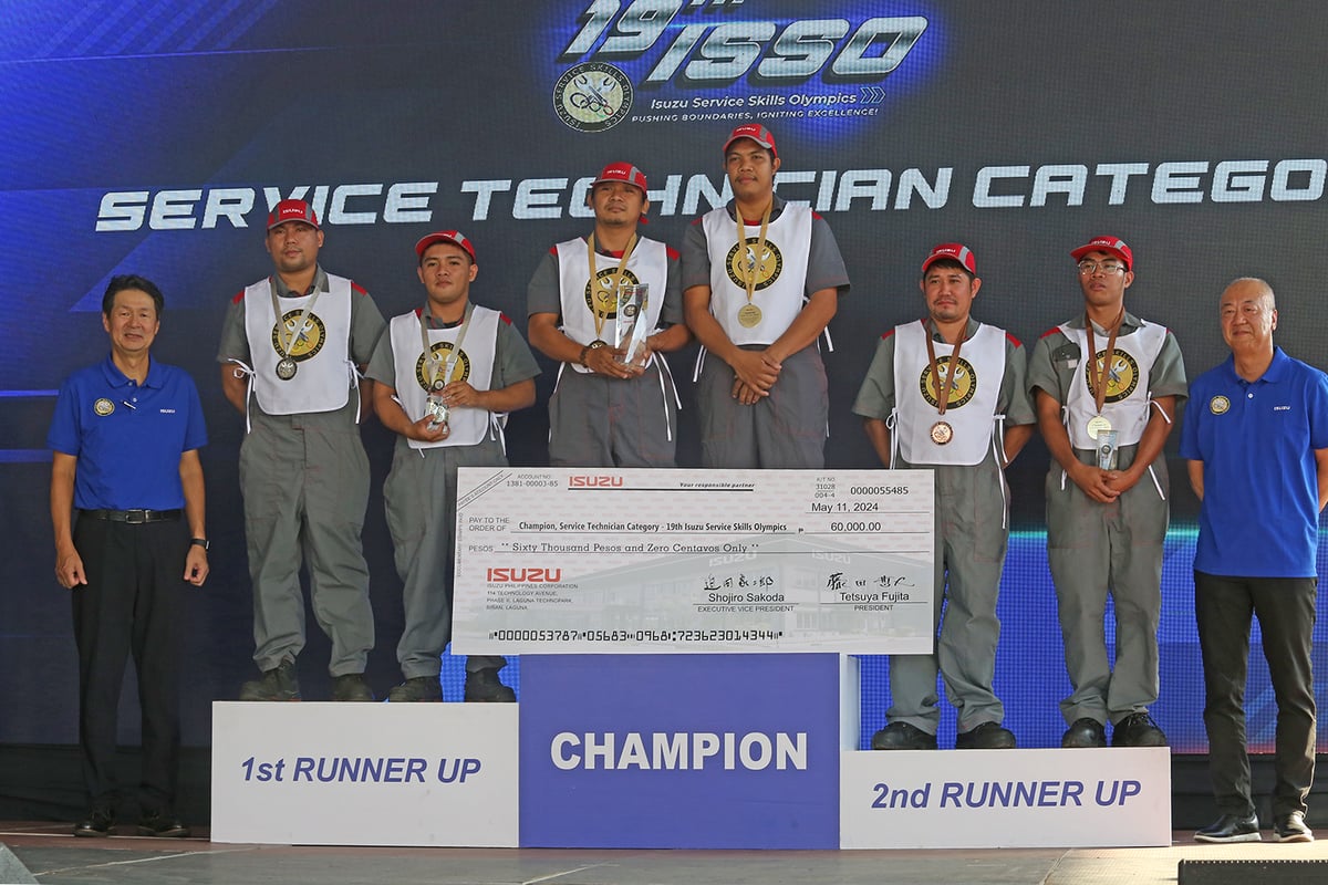 Service Technician Category, champions are Vicente Collantes Jr. and Jerome Garlan (Isuzu Bacoor), followed by Raymundo Eduque III and Santos Ponce (Isuzu Bulacan) and Junjie Doncillo and Sanny Dagami (Isuzu Cebu).