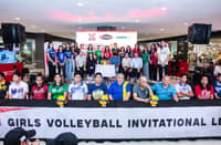 PLAYERS, coaches, and other members of all 18 teams join ACES president Ian Laurel and Shakey’s Pizza Asia Ventures, Inc. president Vic Gregorio in launching the new season of the 2024 Shakey’s Girls Volleyball Invitational League.