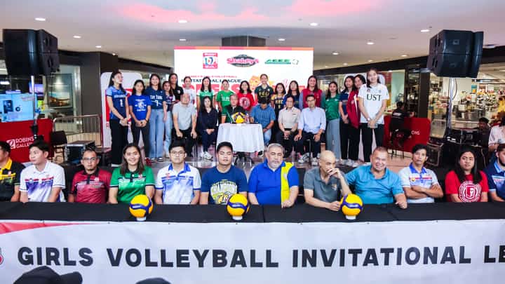 PLAYERS, coaches, and other members of all 18 teams join ACES president Ian Laurel and Shakey’s Pizza Asia Ventures, Inc. president Vic Gregorio in launching the new season of the 2024 Shakey’s Girls Volleyball Invitational League.
