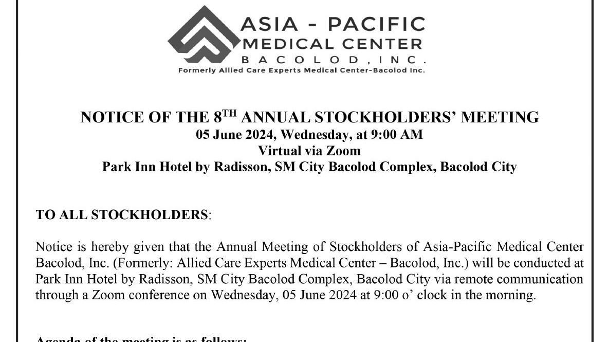 Notice of the 8th Annual Stockholders' Meeting - Asia-Pacific Medical Center