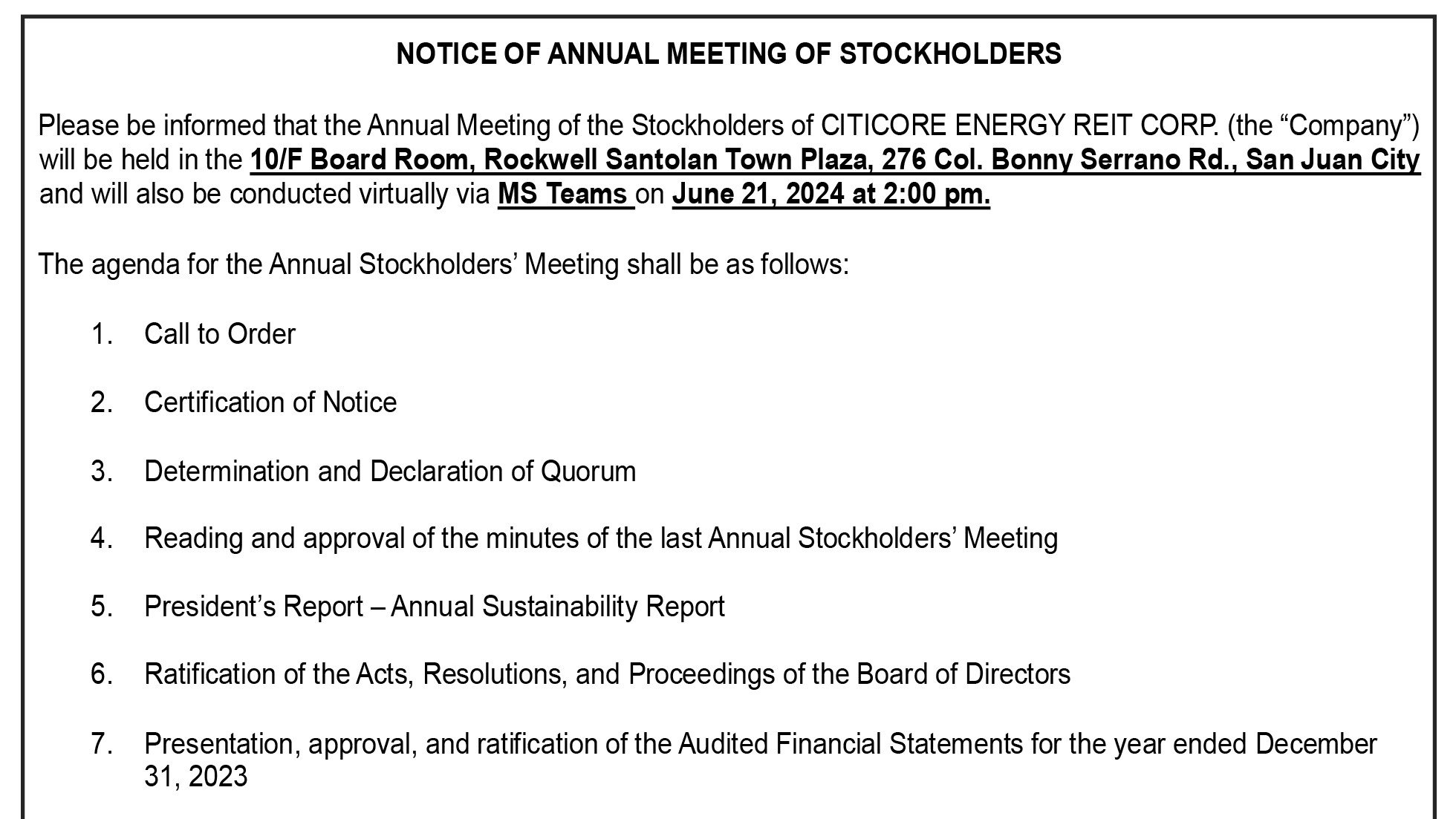 Citicore Energy Reit Corp. - Notice of Annual Meeting of Stockholders