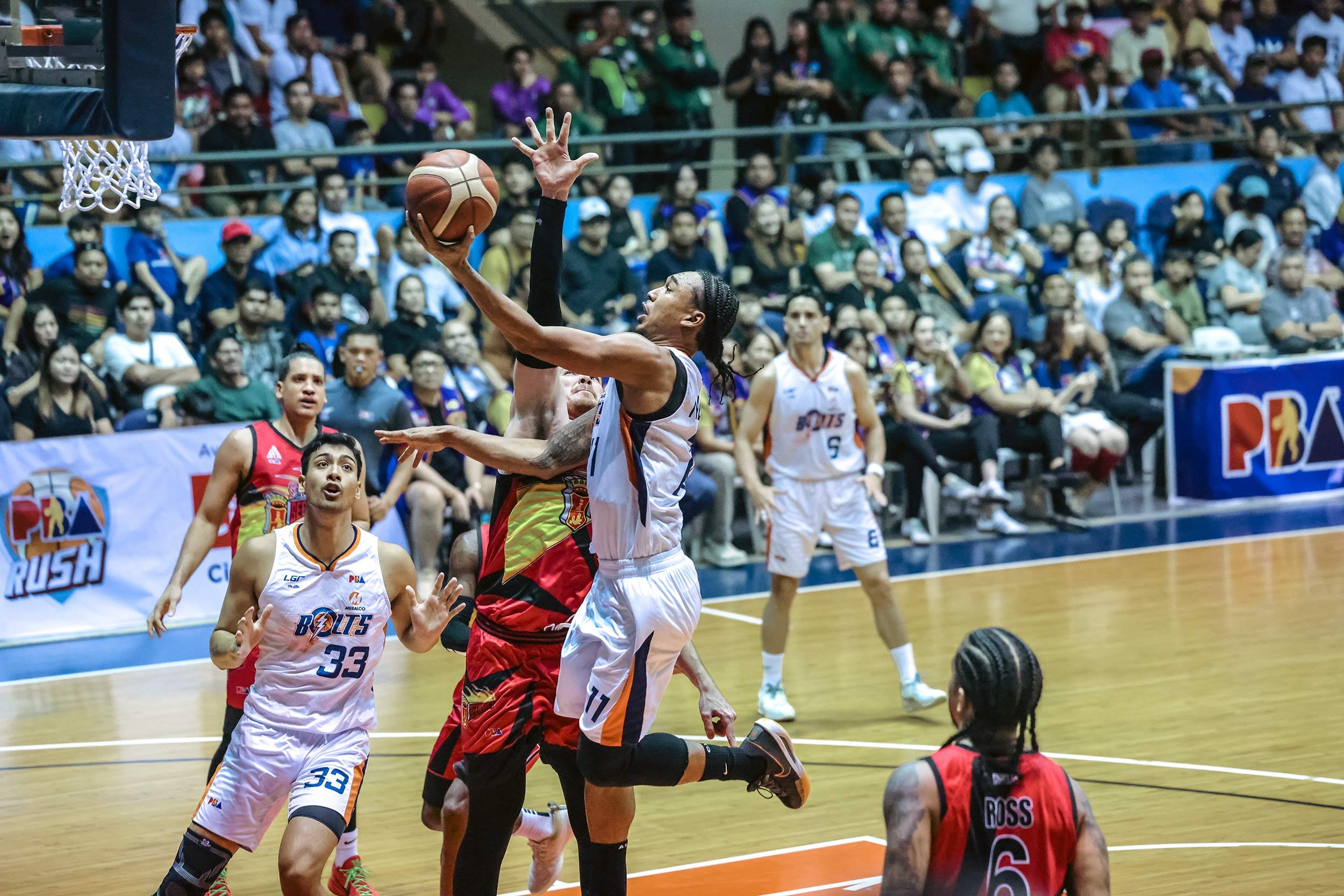 Chris Newsome and the Meralco Bolts spoil San Miguel Beer's attempt to sweep the eliminations while punching a ticket to the quarterfinals of the PBA Philippine Cup on Saturday at the Batangas City Coliseum.