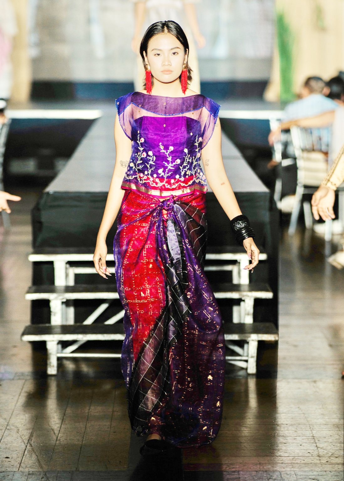 One of her favorites. Modern Kimona and malong ensembles in purple Indian sari material with gold trim and machine embroidered flowers.