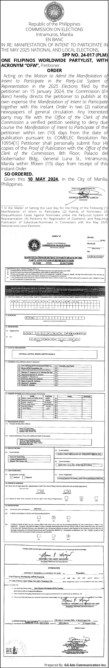MANIFESTATION OF INTENT TO PARTICIPATE IN THE PARTY-LIST SYSTEM OF REPRESENTATION IN THE 2025 ELECTIONS