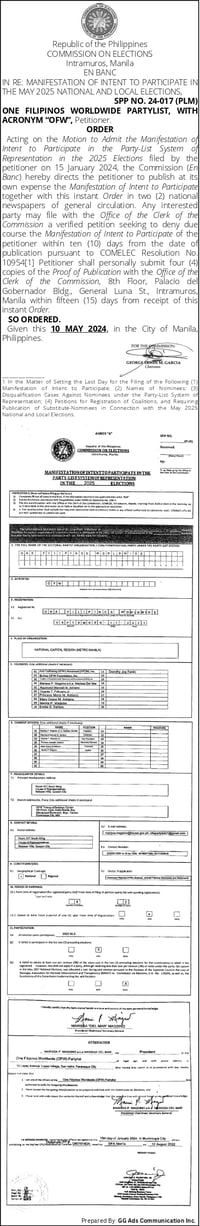 MANIFESTATION OF INTENT TO PARTICIPATE IN THE PARTY-LIST SYSTEM OF REPRESENTATION IN THE 2025 ELECTIONS