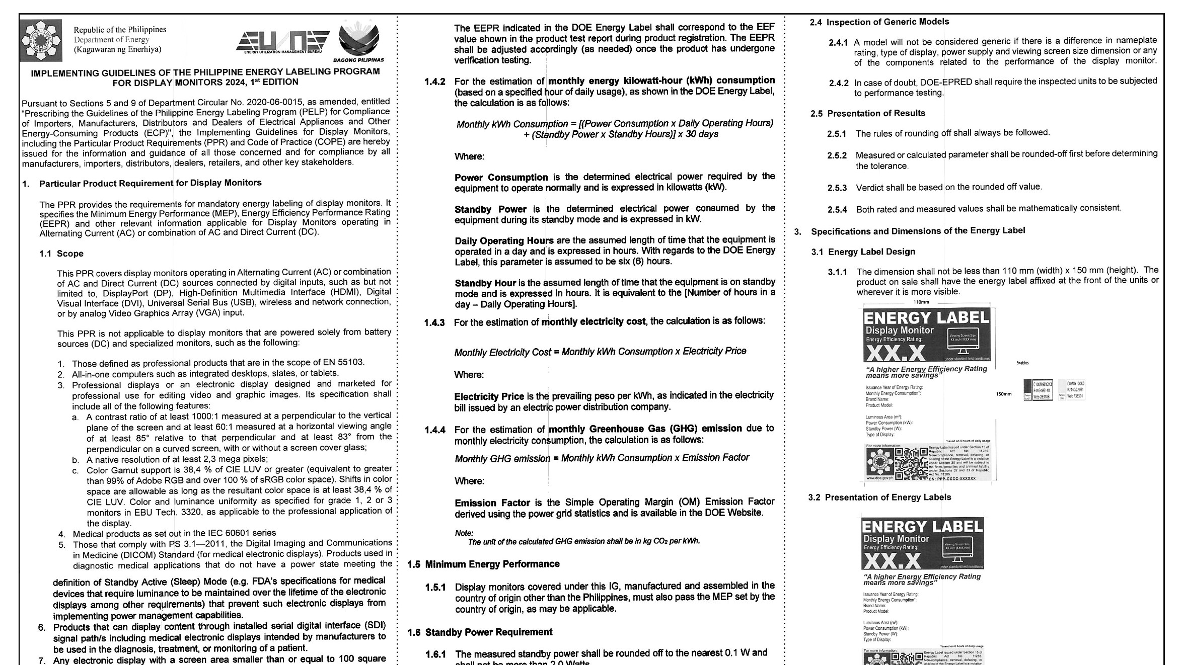 Department of Energy - Implementing Guidelines of the Philippine Energy Labeling Program for Display Monitors 2024 - Circular No. 2020-06-0015