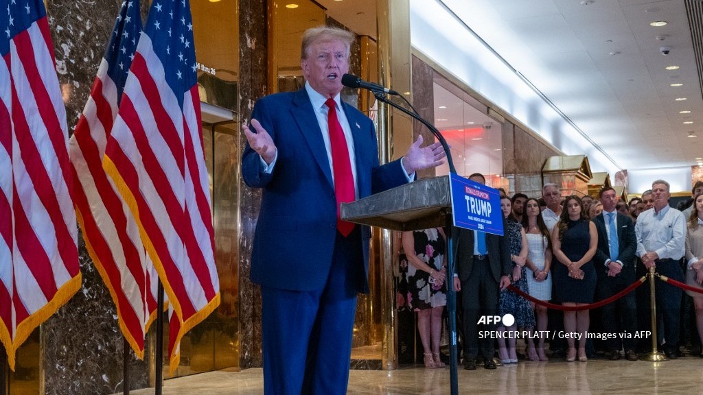 Former U.S. President Donald Trump speaks at a news conference at Trump Tower following the verdict in his hush-money trial at Trump Tower on 31 May 2024 in New York City.