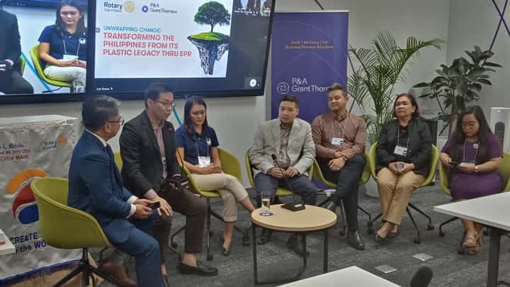 PLAYERS in the emerging circular economy discuss strides in addressing the plastic waste crisis during the Rotary Club of Makati and P&A Grant Thornton forum entitled ‘Unwrapping change: Transforming the Philippines from its Plastic Legacy through EPR’ held in Makati City on 20 June. They are (from left) moderator Chris Ferareza, Partner, Advisory Services and Sustainability leader of P&A Grant Thornton; Elvin Ivan Uy, executive director of the Philippine Business for Social Progress; Erica Cardoso, managing director of Evergreen Labs Philippines; Stanley Siahetiong, Energy Transition manager of Shell Pilipinas Corp.; Rudi Ramin, commercial director of Plastic Credit Exchange; Engr. Esperanza A. Sajul, assistant director of Environmental Management Bureau of the Department of Environment and Natural Resources, and Atty. Ivy de Pedro from the EMB-DENR.