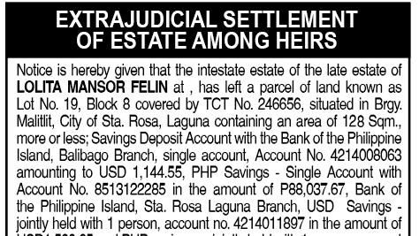Extrajudicial Settlement of Estate among heirs - Lolita Mansor Felin