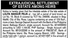 Extrajudicial Settlement of Estate among heirs - Lolita Mansor Felin