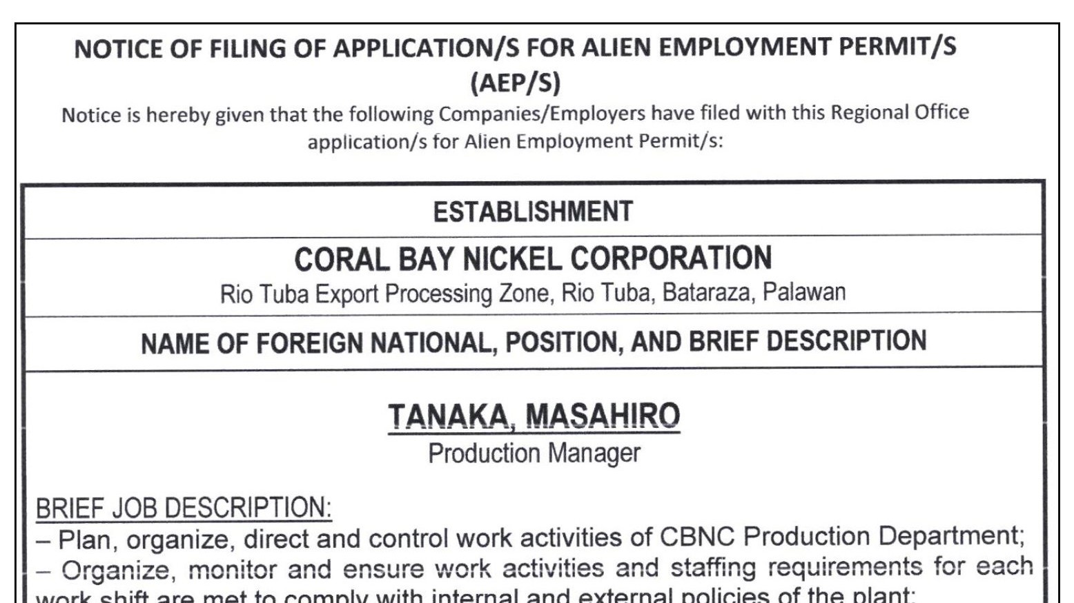 Coral Bay Nickel Corp. - Tanaka, Masahiro