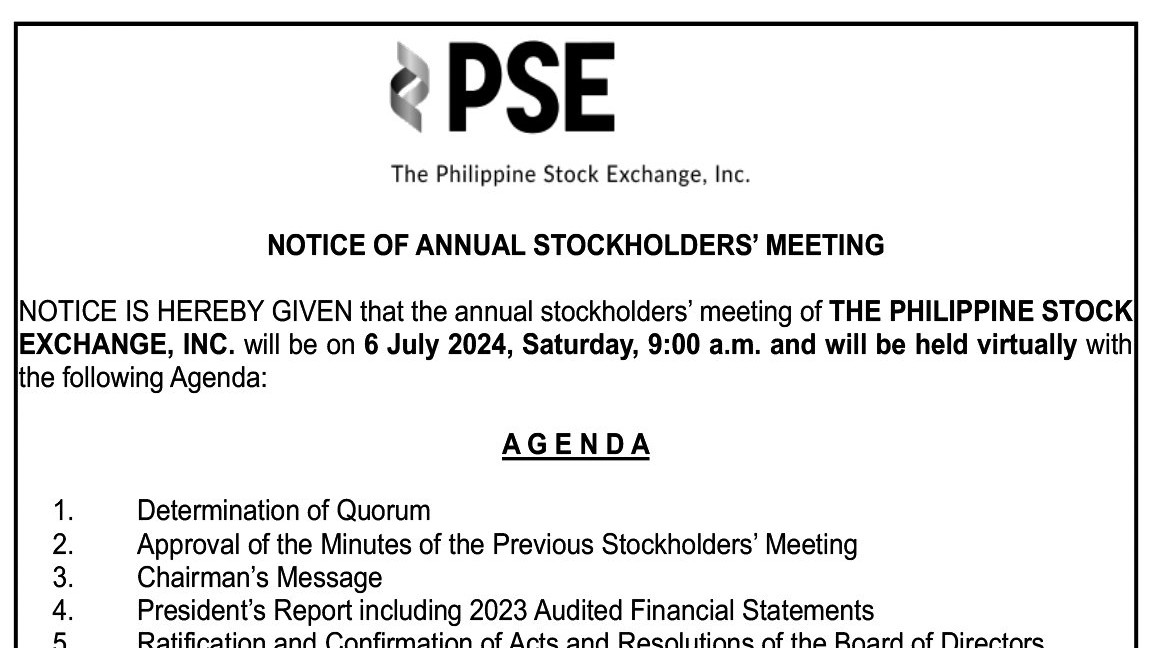 Philippine Stock Exchange, Inc. - Notice of Annual Stockholders Meeting