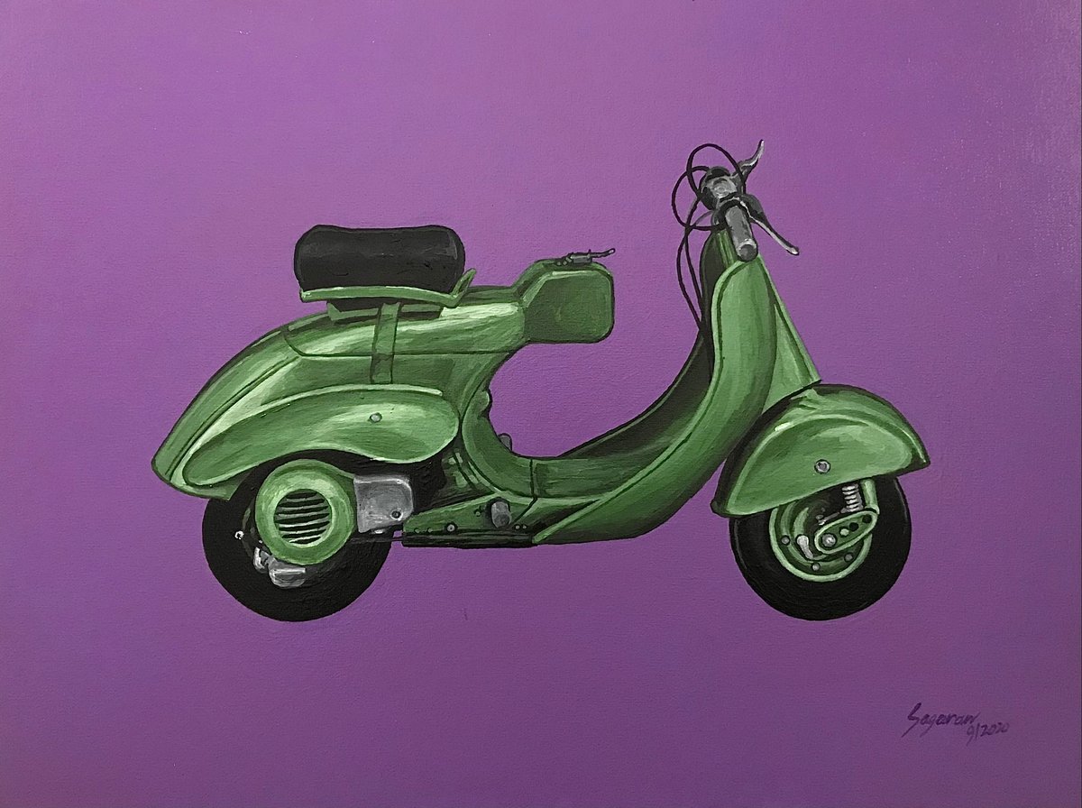 From 1st Online Exhibition — VESPA HISTORY SERIES (Sold Out)
Title: VESPA CIRCUITO 125, 1949
Material: Acrylic on canvas
Year: 2020