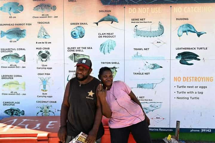 Locals standing in front of a sign warning vendors against the live wildlife trade, in the capital city of the Solomon Islands, on April 21.