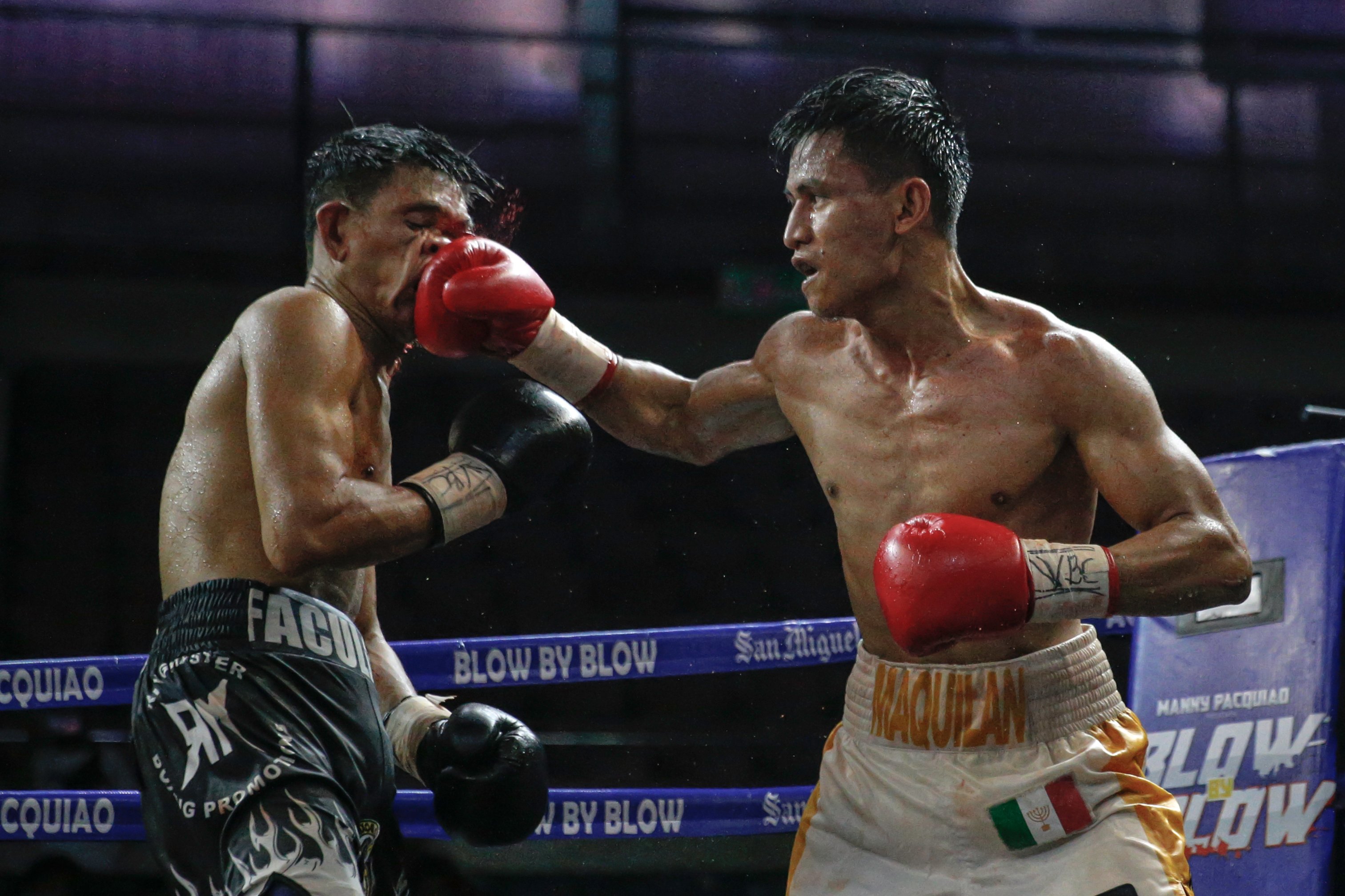 Noli James Maquilan punishes Jason Facularin in their WBC Asia Continental bantamweight title fight during Manny Pacquiao Presents: Blow-By-Blow on Saturday at the Cuneta Astrodome.