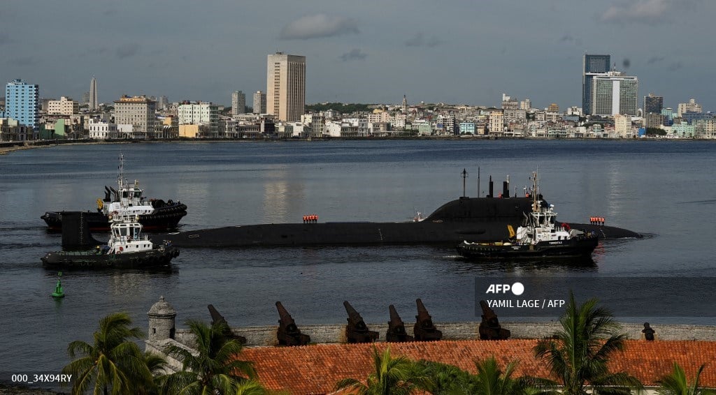 The Russian nuclear-powered submarine Kazan, part of the Russian naval detachment visiting Cuba, leaves Havana Harbour on June 17, 2024. A Russian naval detachment visited Cuba from June 12 to 17, amid major tensions over the war in Ukraine, where the Western-backed government is fighting a Russian invasion.