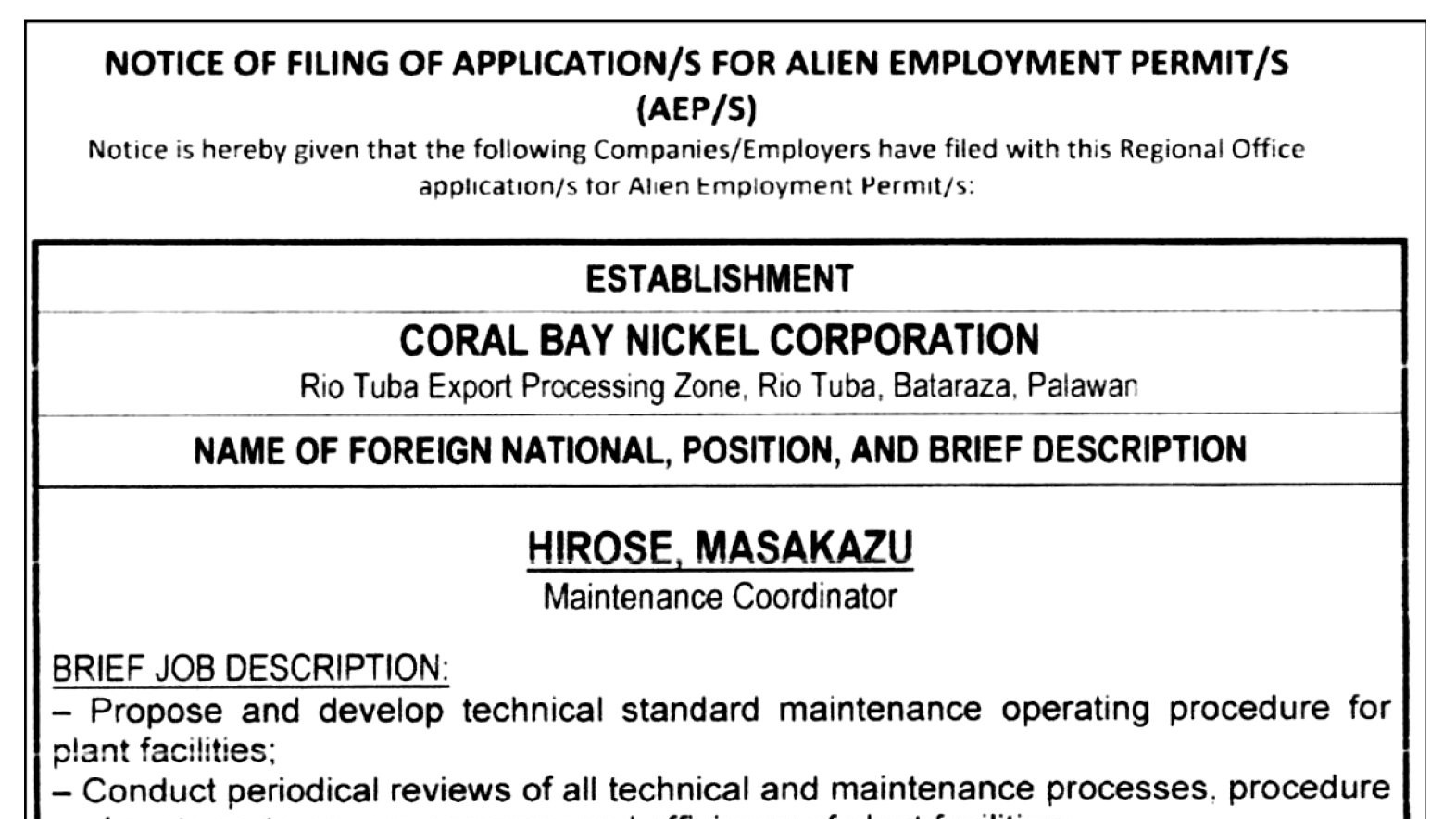 Coral Bay Nickel Corp. - Hirose, Masakazu