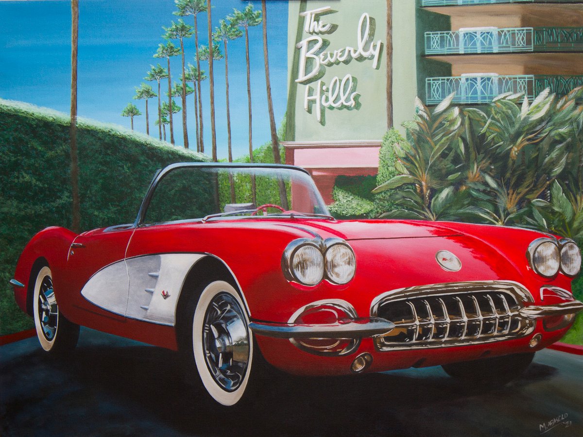 ‘C1 Corvette at The Beverly Hills Hotel’ 2021 Capturing the essence of timeless allure and vintage glamour, my painting celebrates two of my favorite icons: the legendary 1958 Corvette and the iconic Beverly Hills Hotel. In this piece, I aim to convey the undeniable charm and sophistication of these timeless classics, each embodying the spirit of a bygone era.