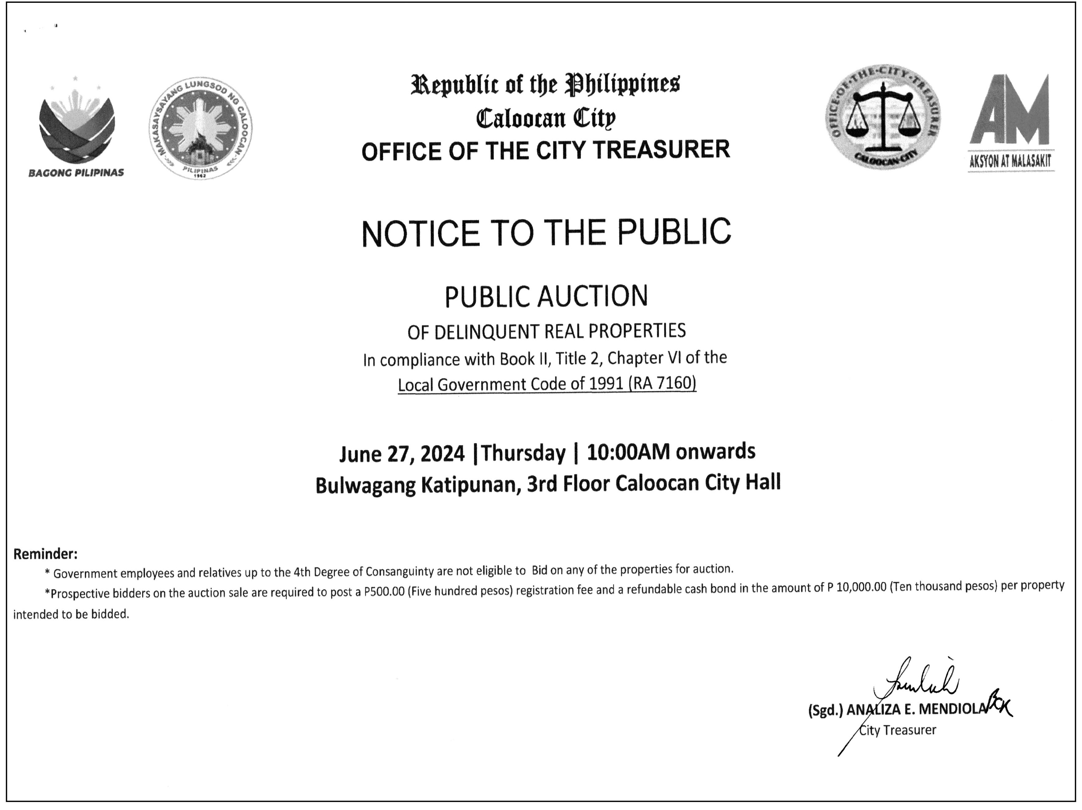 Caloocan City - Public auction of Delinquent Real Properties