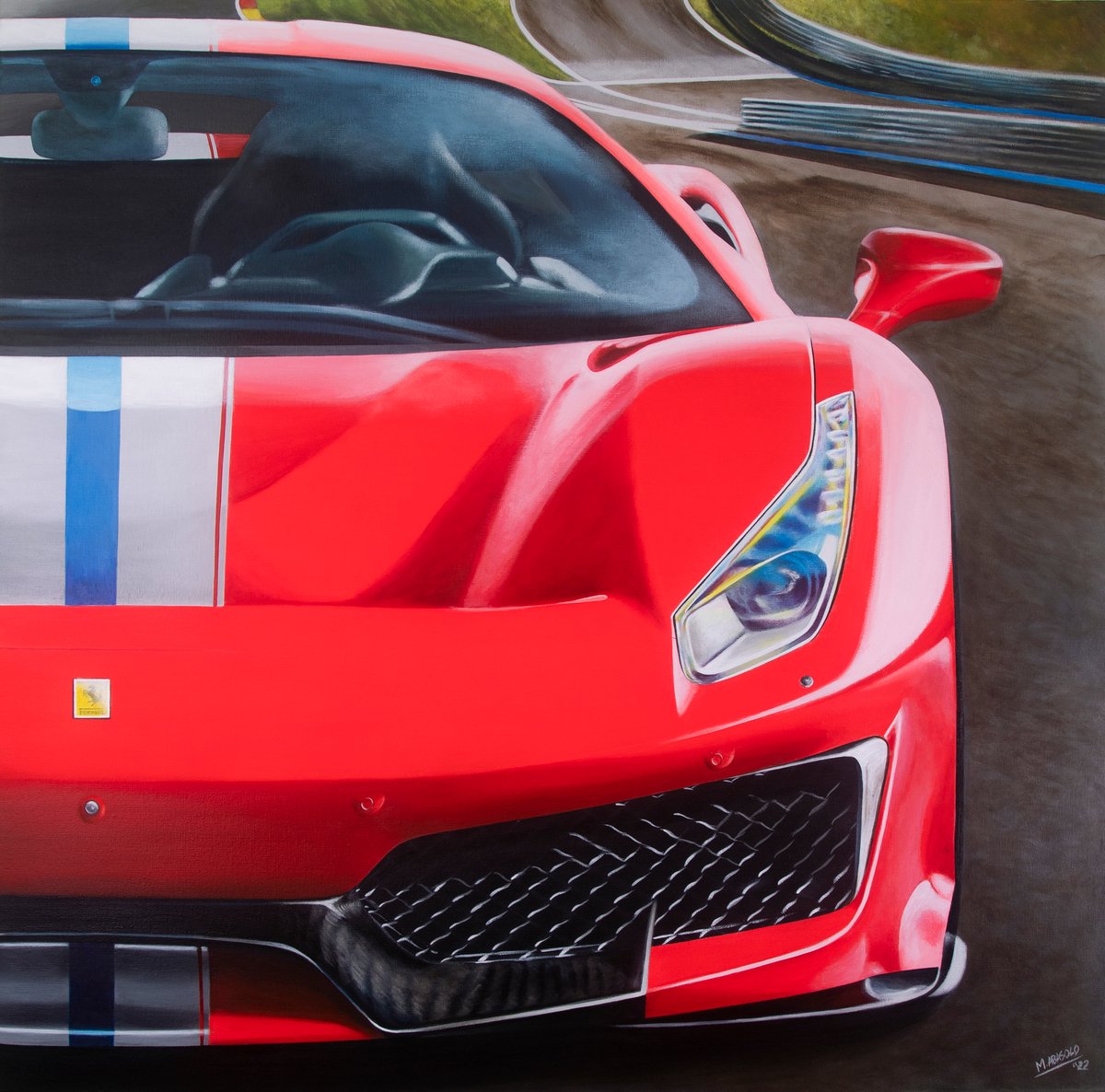 ‘Pista at the Spa’ 2022  The owner commissioned this piece for his Ferrari 488 PISTA, a car that’s very special to him despite having a vast collection. Having shared stories with the owner and him describing how the Pista pulls like a freight train and rides a rollercoaster because of its sheer power – I immediately had the idea of putting the 488 at the Spa Francorchamps race track.