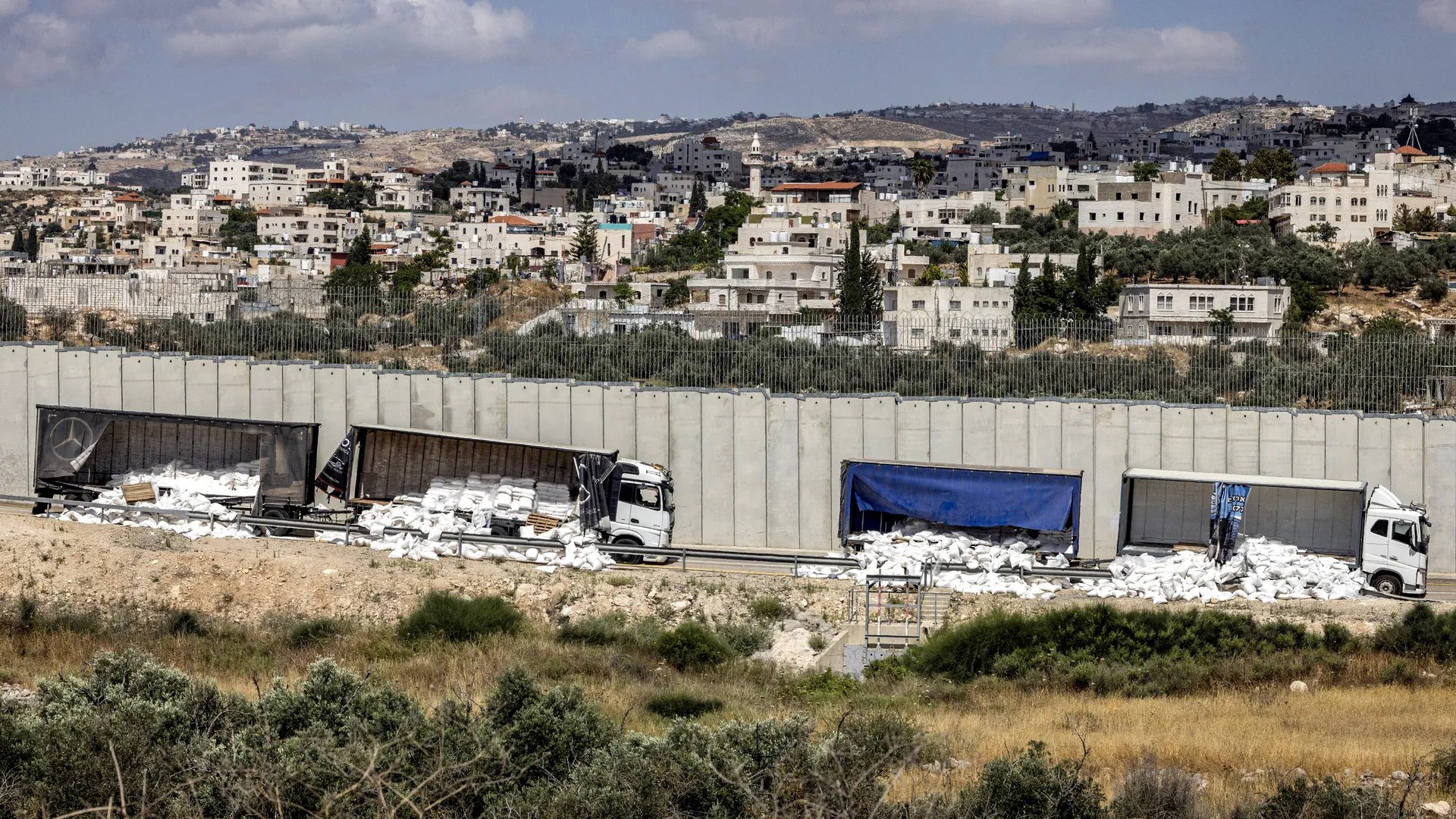 A humanitarian aid convoy after it was vandalized by Israeli activists.