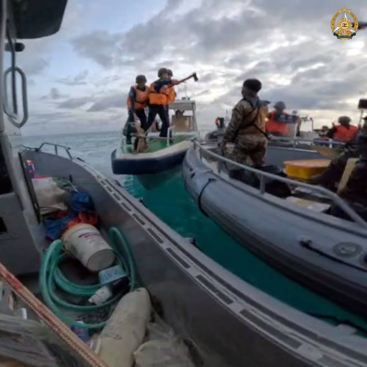 Attacked sans provocation Photos released by the Armed Forces of the Philippines show China Coast Guard vessels ram Philippine Navy rigid-hulled boats while the Chinese — armed with an axe and knives — threaten Filipino soldiers. The Philippines, according to AFP chief General Romeo Brawner, is demanding that China return the rifles and other equipment its personnel ‘stole.’