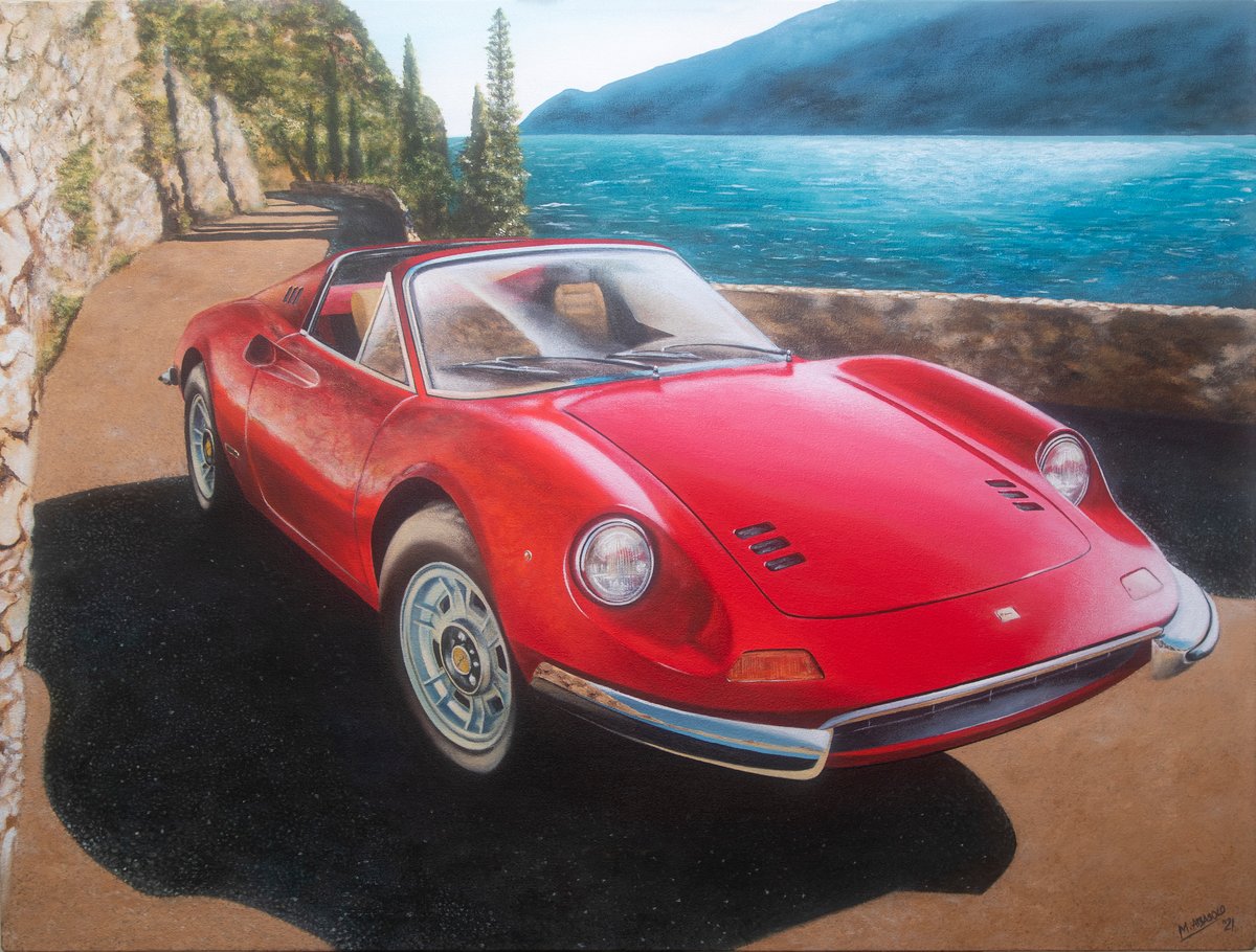 ‘Sunny Strada della Forra’ 2023  The owner wanted a piece that combines his favorites; the Ferrari Dino and scenic roadtrips. So I envisioned a piece where a Targa-Top Ferrari Dino is right at home – Strada della Forra, one of the most beautiful gorge roads in the world, which happens to be in Italy as well.