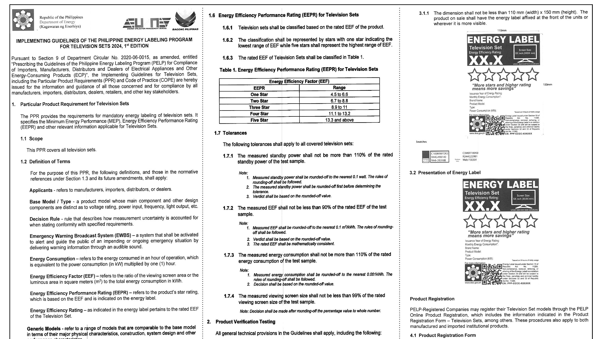 Department of Energy - Implementing Guidelines of the Philippine Energy Labeling Program for Television Sets 2024 - Circular No. 2020-06-0015