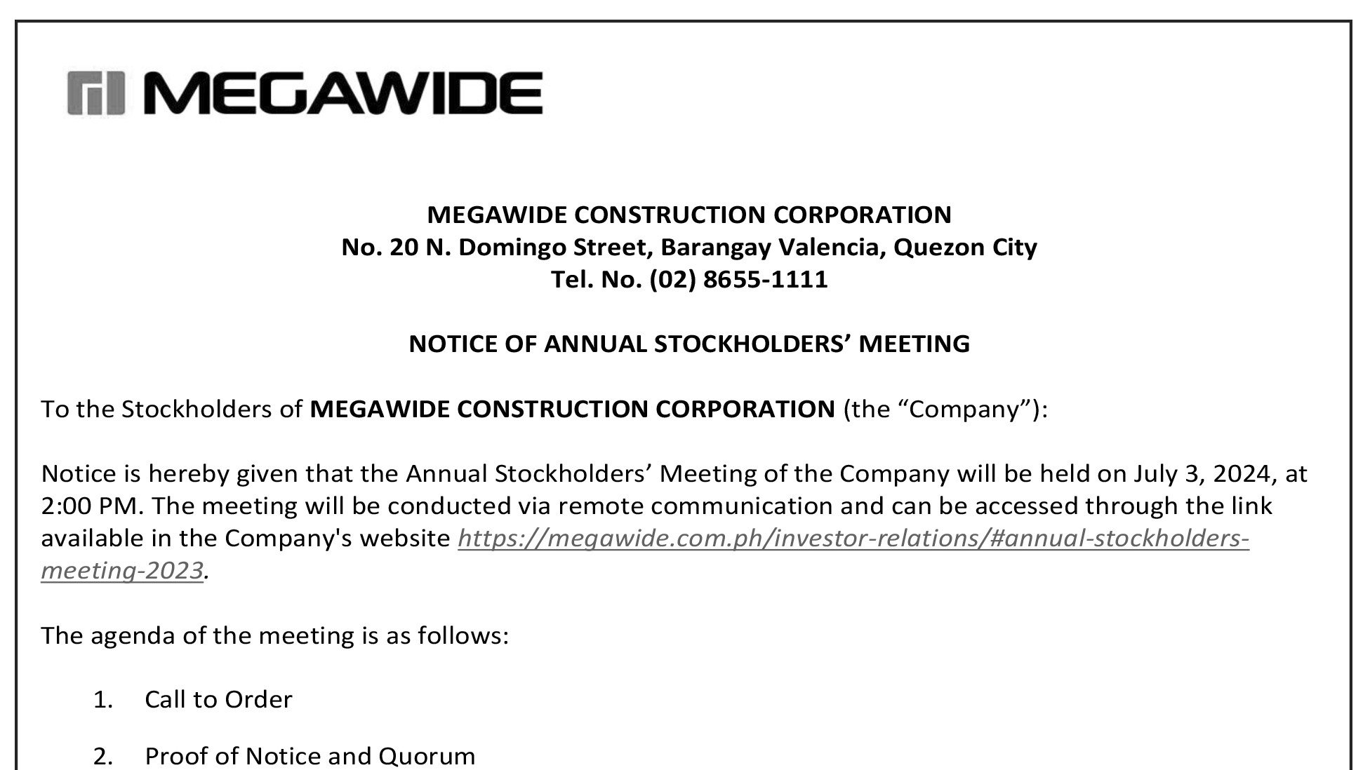 Megawide Construction Corporation - Notice of Annual Stockholders Meeting