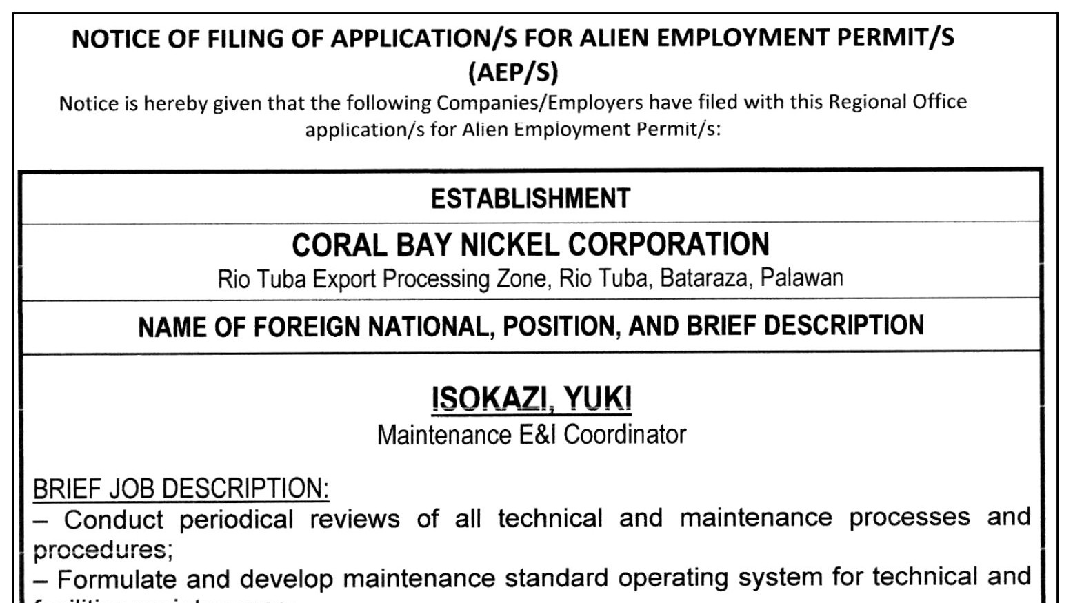 Coral Bay Nickel Corp. - Isokazi, Yuki