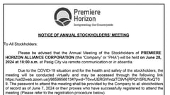Premiere Horizon Alliance Corp. - Notice of Annual Stockholders Meeting
